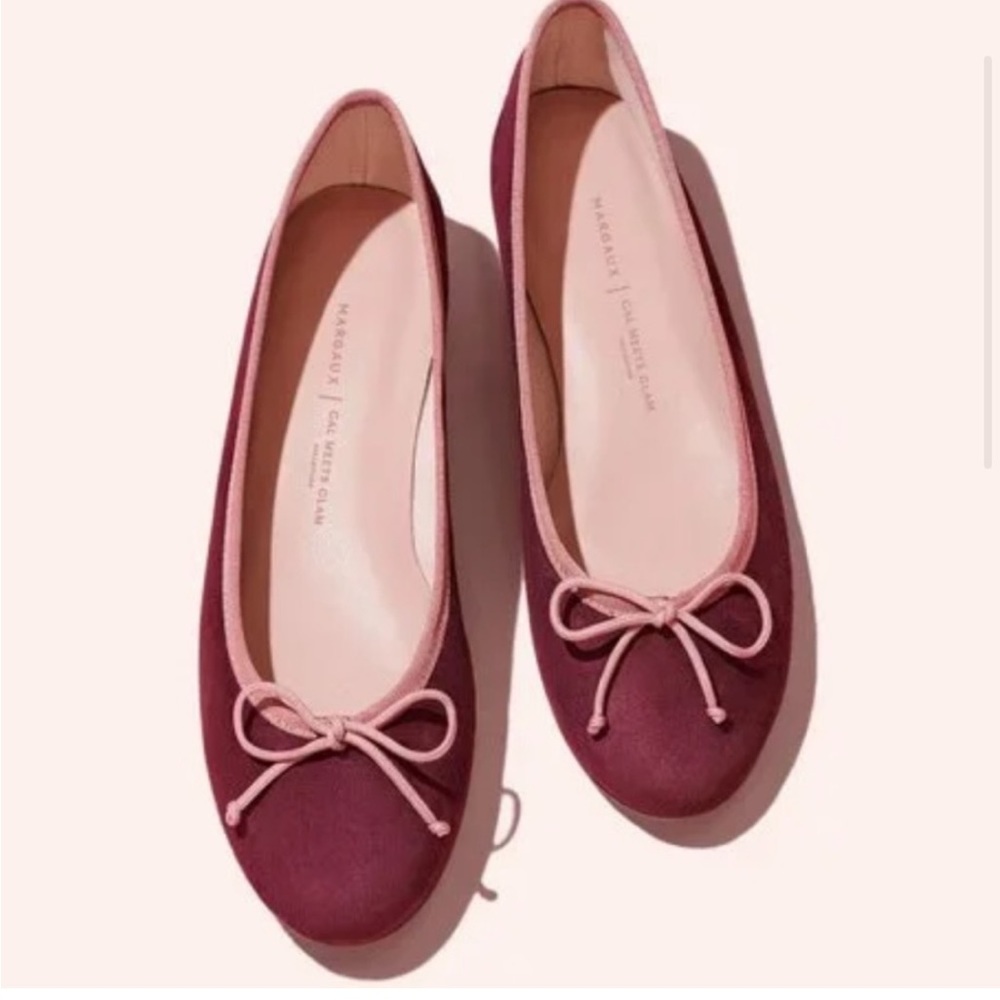 Burgundy suede with pink ribbon trim. Gal Meets Glam x Margaux - never been worn